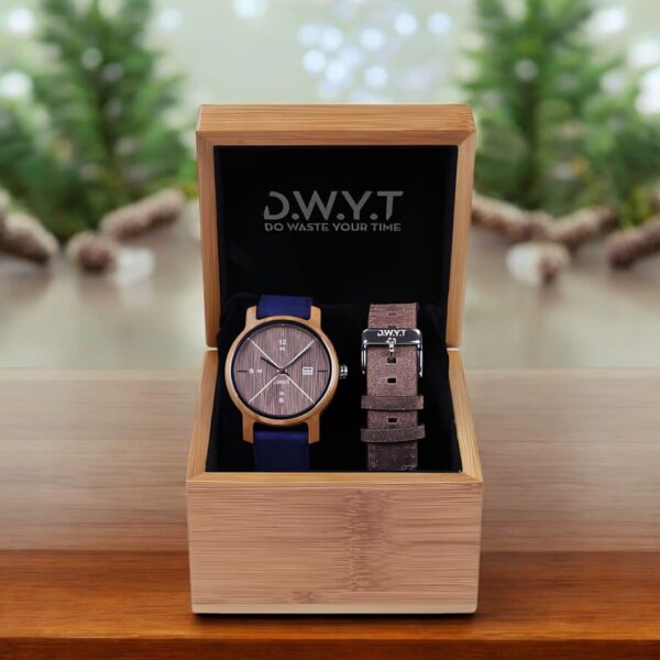 Montre en bois homme D.W.Y.T à mouvement Quartz avec bracelets bleu | Passions Cadeaux