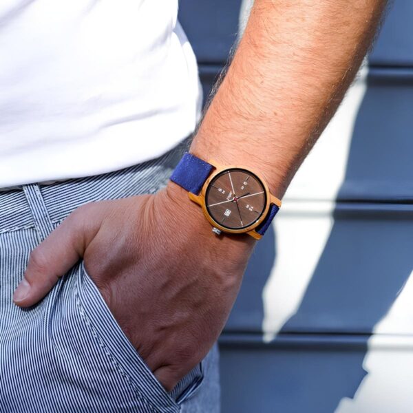 Montre en bois homme D.W.Y.T à mouvement Quartz avec bracelets bleu | Passions Cadeaux