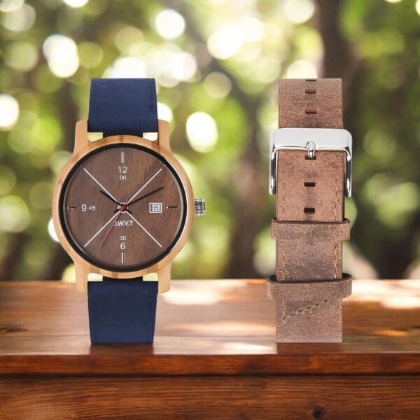 Montre en bois homme D.W.Y.T à mouvement Quartz avec bracelets bleu | Passions Cadeaux