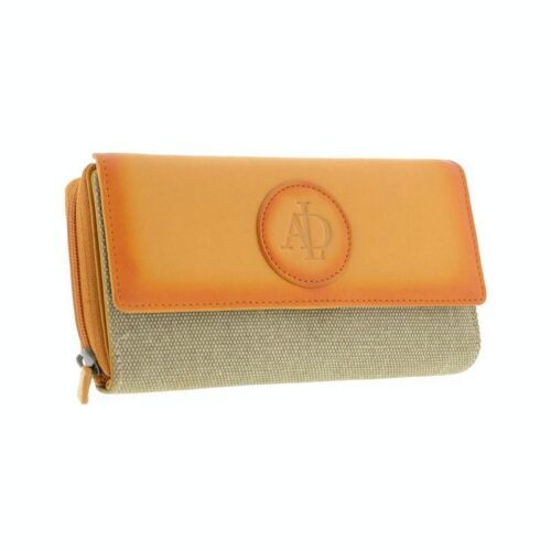 Grand portefeuille femme orange en cuir et toile avec protection RFID