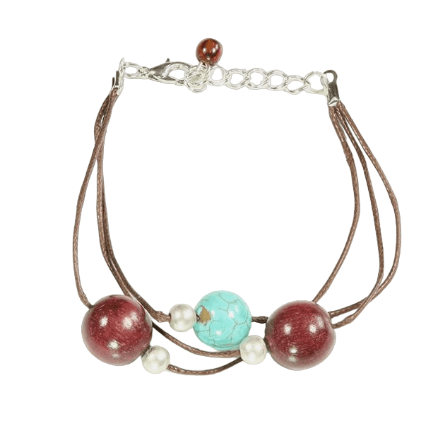 Bracelet Femme Cuir Marron Avec Perles En Bois Et Feuilles - Morella - Neuf Avec étiquettes