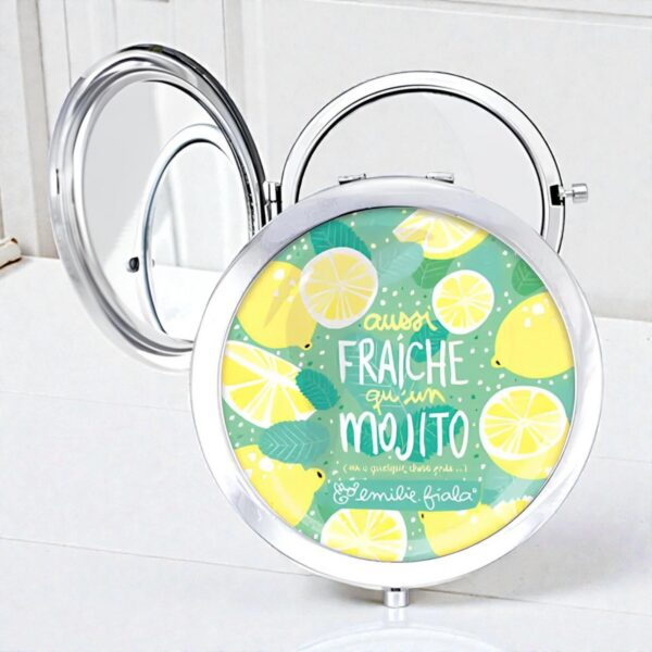 Un miroir de poche rond avec un message rigolo modèle Mojito