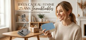 Sélection d'idées cadeaux pour une femme de 25 ans avec figurine métallique, portefeuille en cuir bleu et bijoux