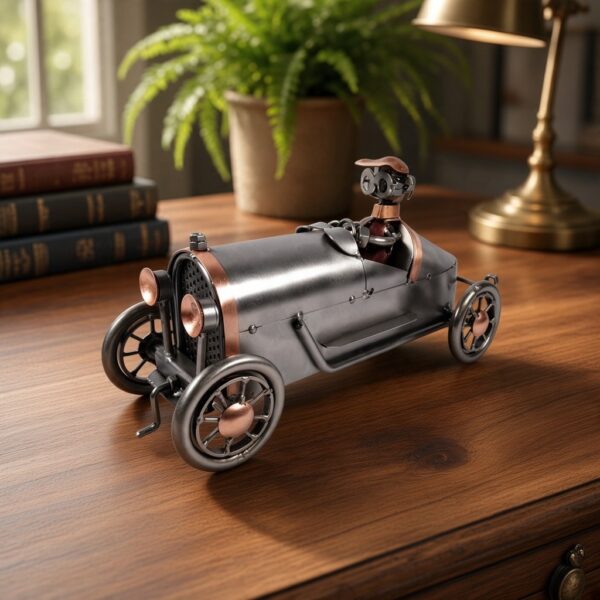 Miniature Bugatti en métal sur un bureau en bois, voiture de course ancienne