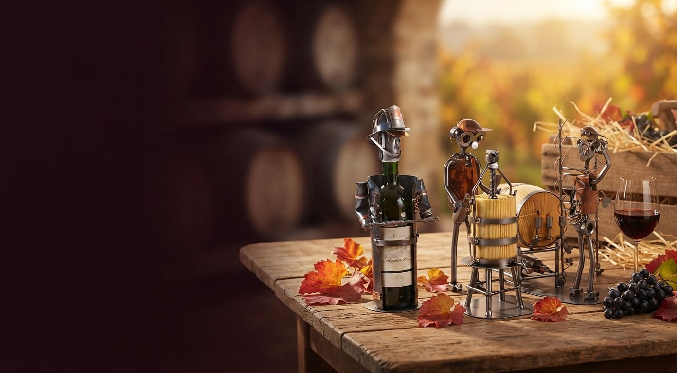Porte-bouteille de vin pompier, figurine vigneron et figurine vendangeur en métal sur une table en bois, ambiance vendanges d'automne